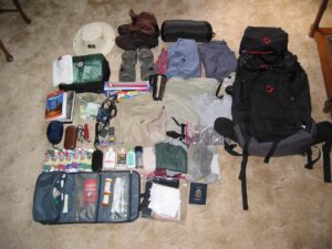 Layout of backpack contents for travel in Madagascar & South Africa